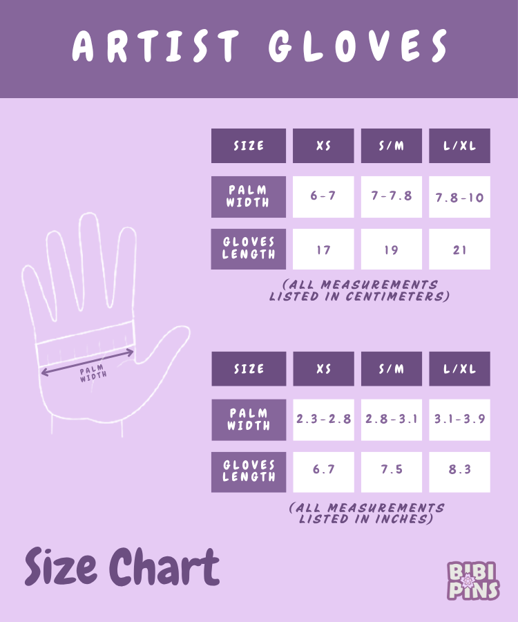Size chart for artist gloves on a purple background with BIBI PINS branding.