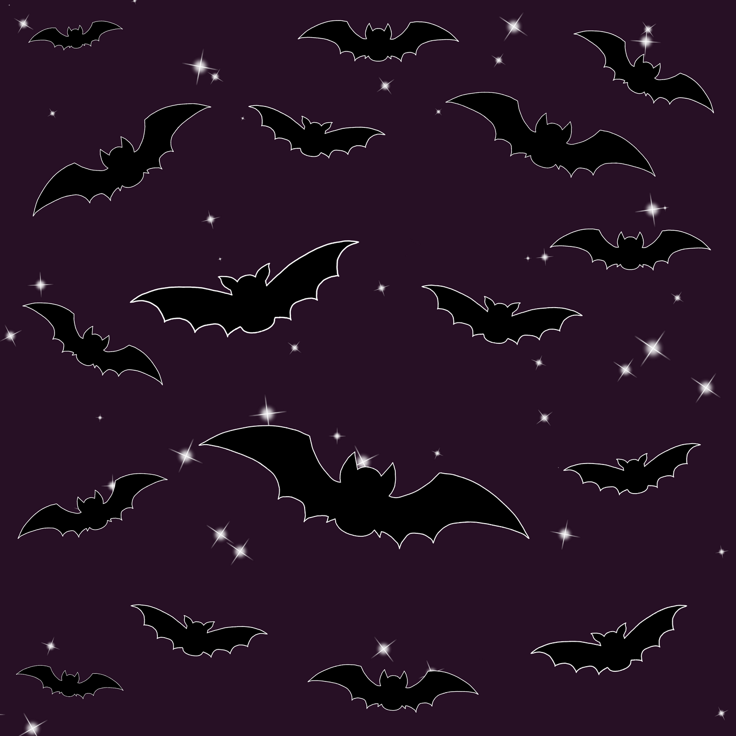 Silhouettes of bats on a dark purple background with star-like dots.