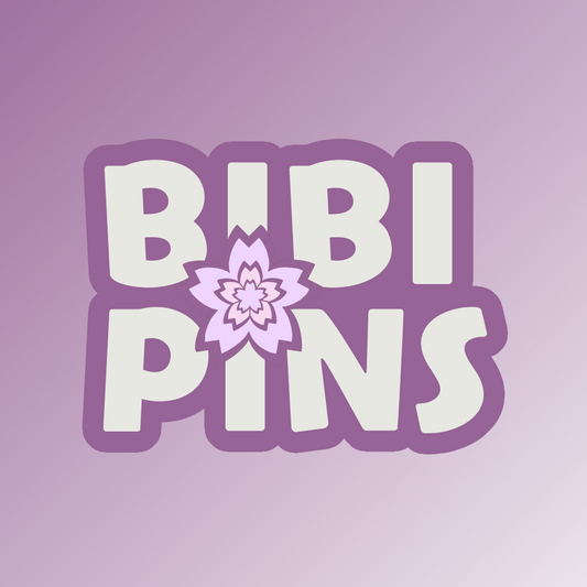 BIBI PINS logo with a flower design on a purple background