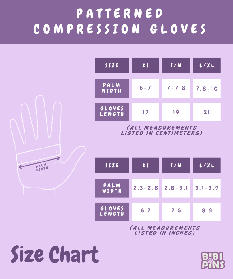 Size chart for patterned compression gloves with measurements on a purple background