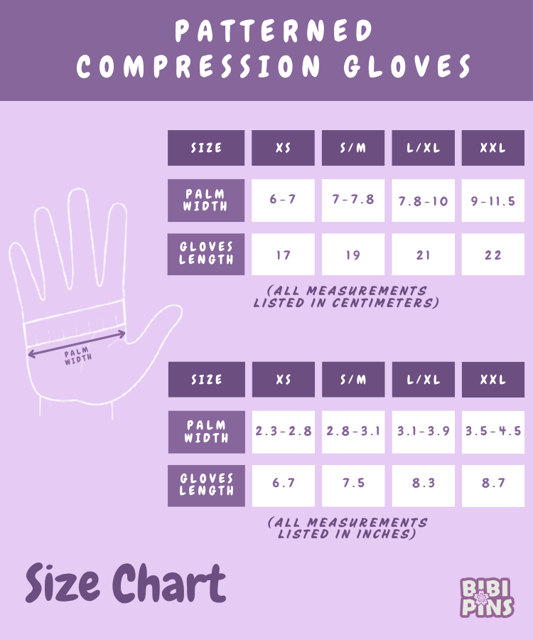 Size chart for patterned compression gloves with measurements on a purple background