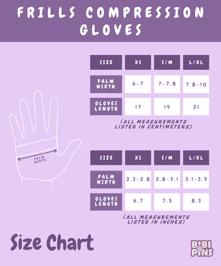 Size chart for frills compression gloves on a purple background