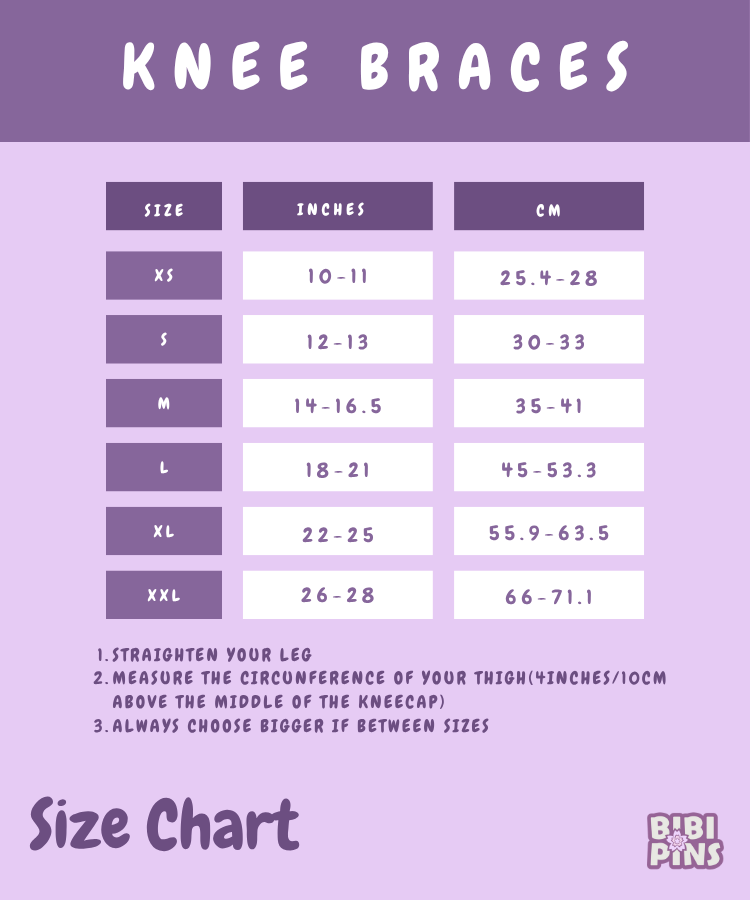 Knee brace size chart with measurements in inches and centimeters on a purple background.