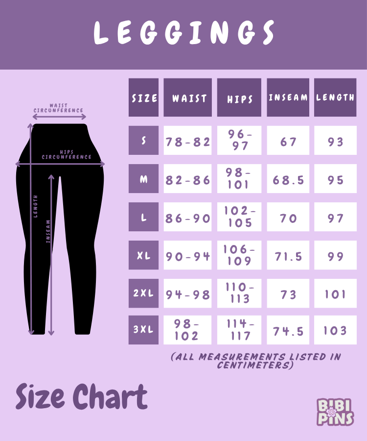 Leggings size chart with measurements on a purple background