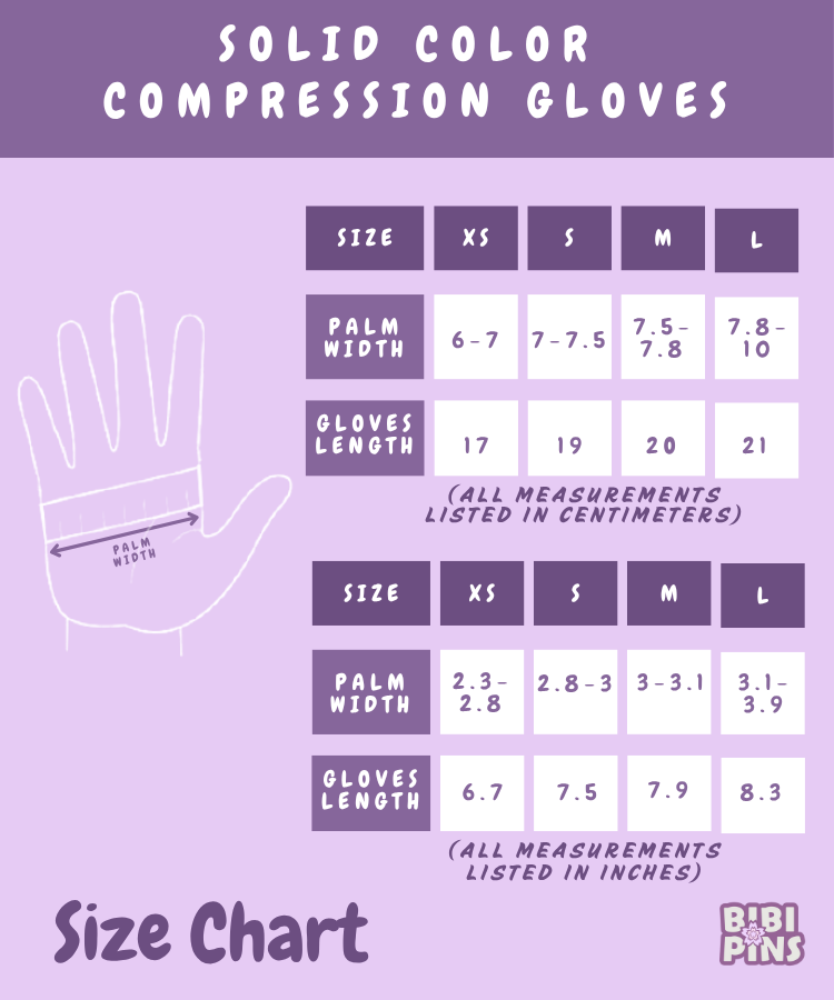 Size chart for solid color compression gloves with measurements on a purple background