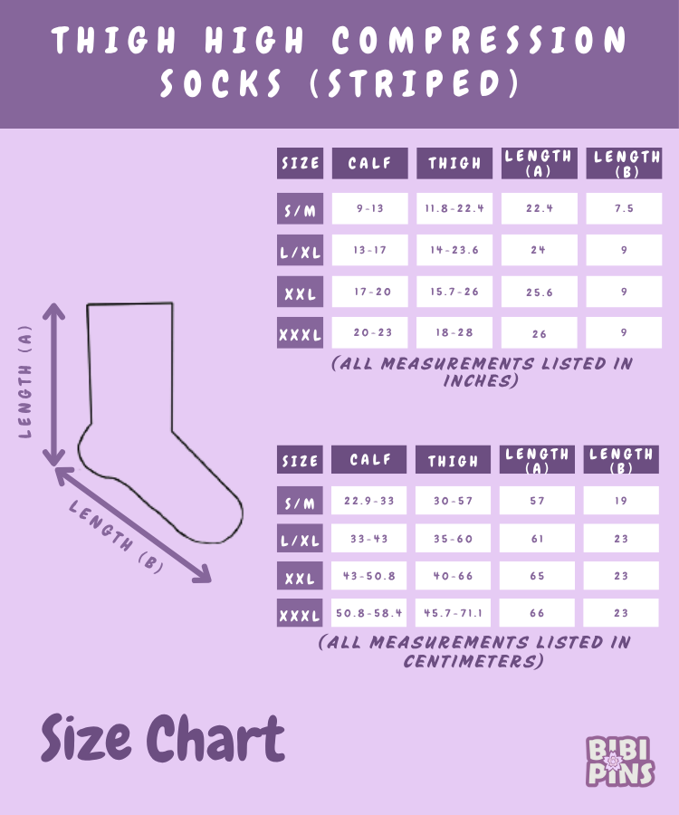 Size chart for thigh high compression socks with measurements on a purple background