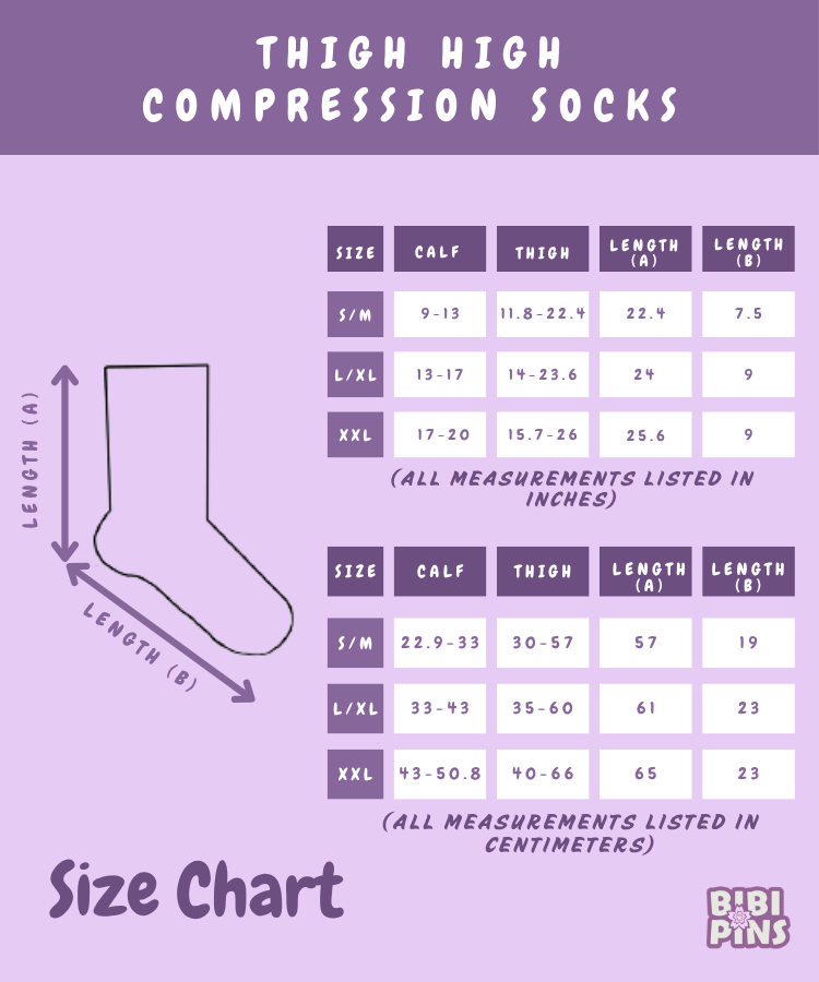 Size chart for thigh high compression socks on a purple background
