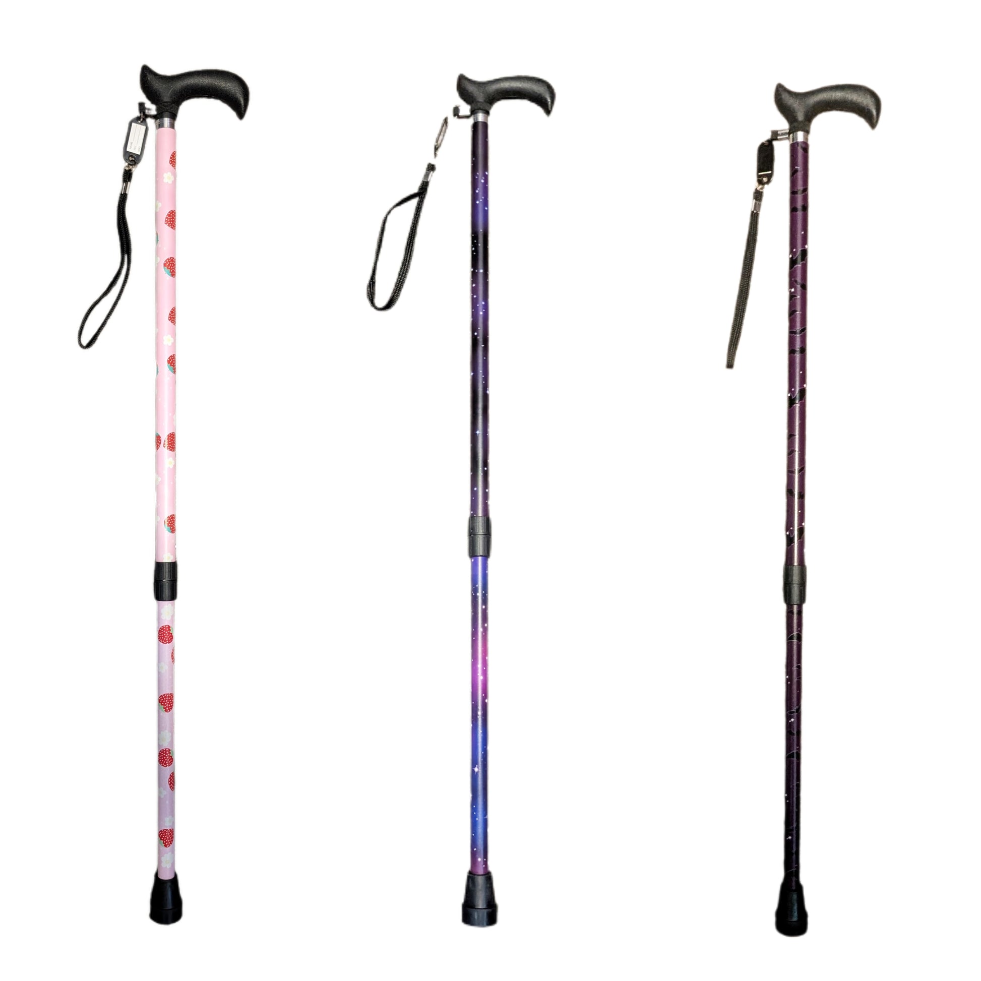 Three walking sticks with different color patterns on a white background