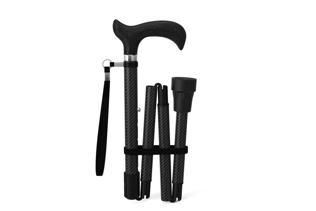 Black adjustable walking cane on a white background