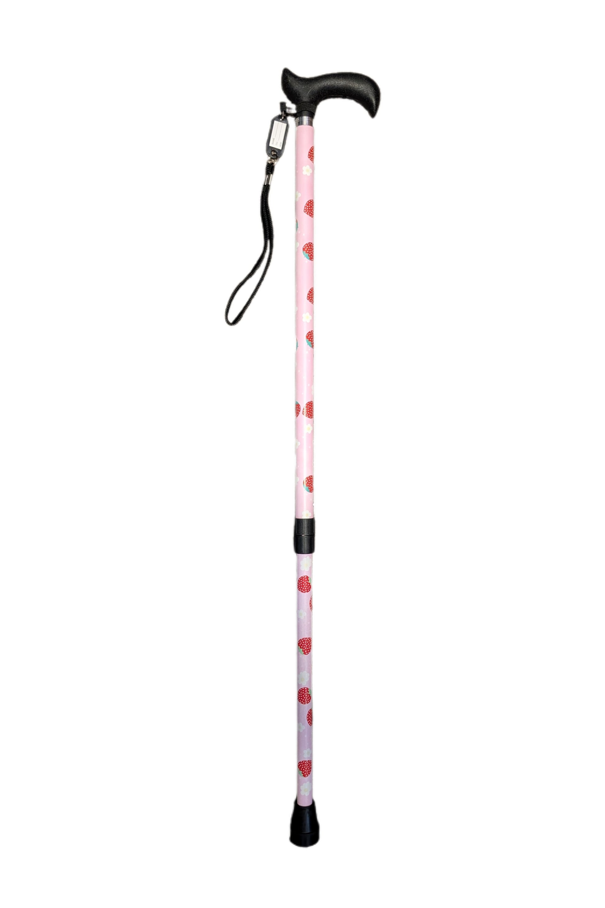 Walking cane with pink and red pattern on a white background