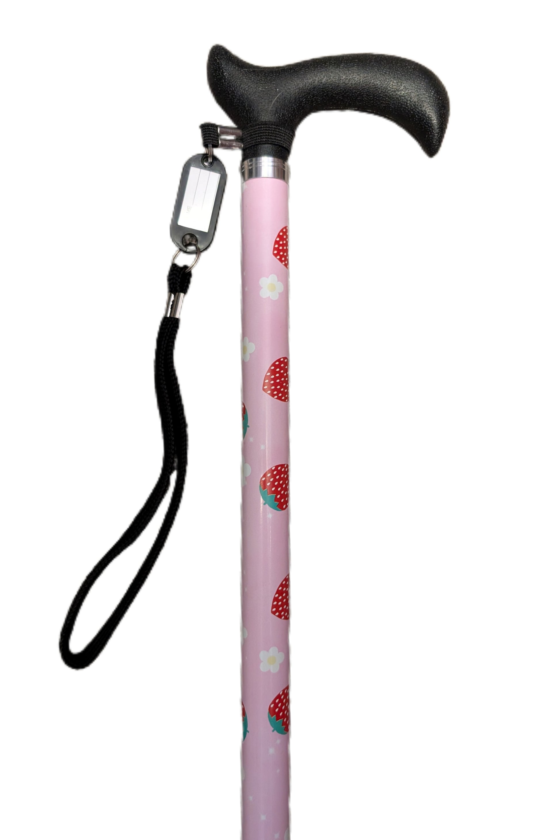 Pink walking cane with black handle and strawberry pattern on a white background