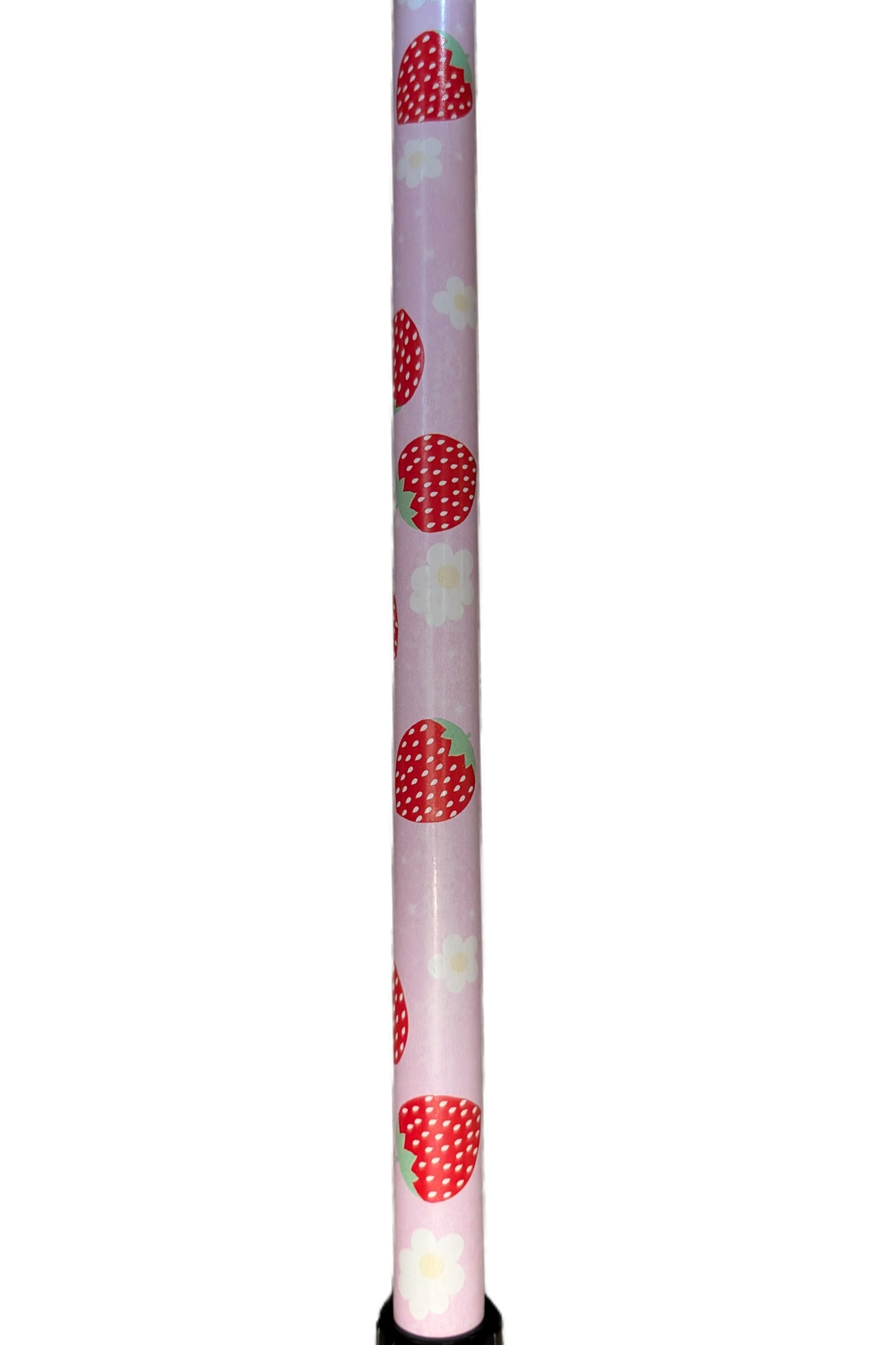 Light pink cylindrical object with red strawberry pattern on a white background