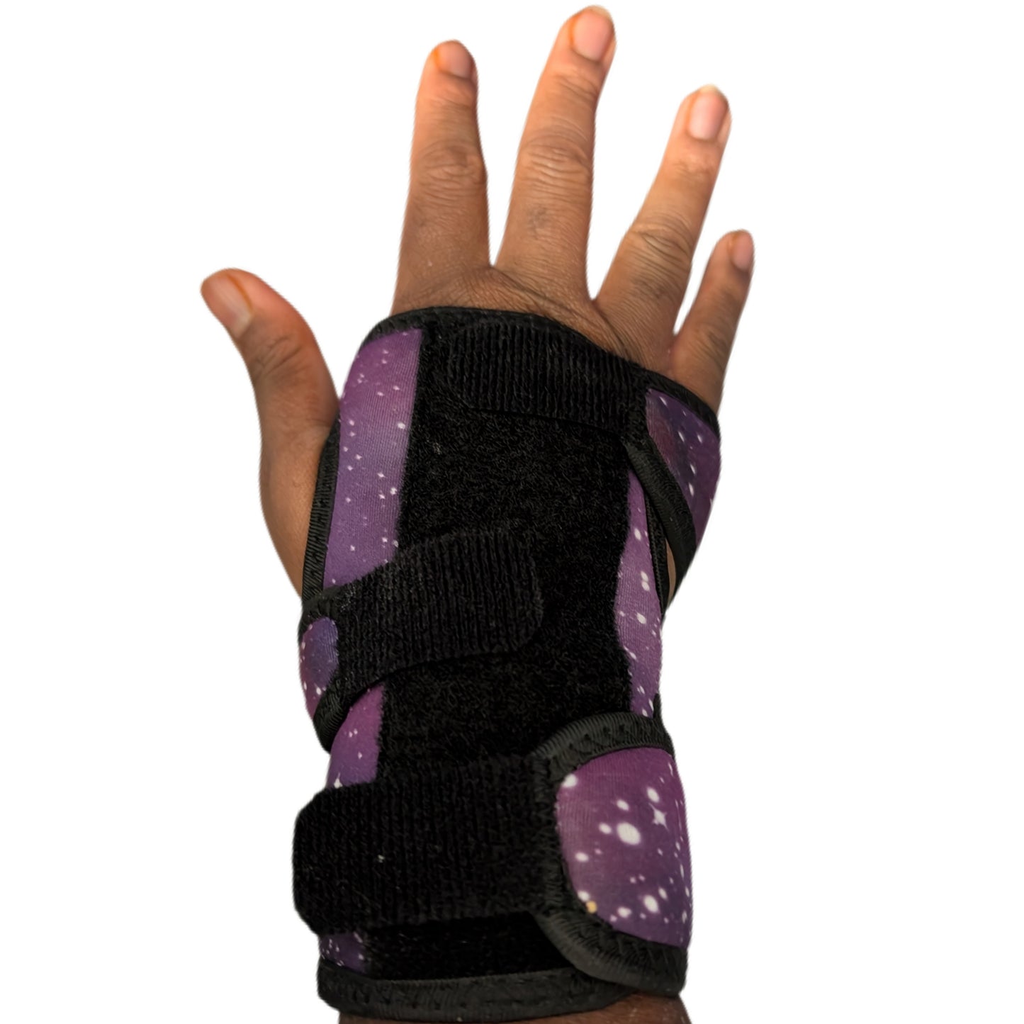 Hand wearing a black wrist support with purple accents on a white background