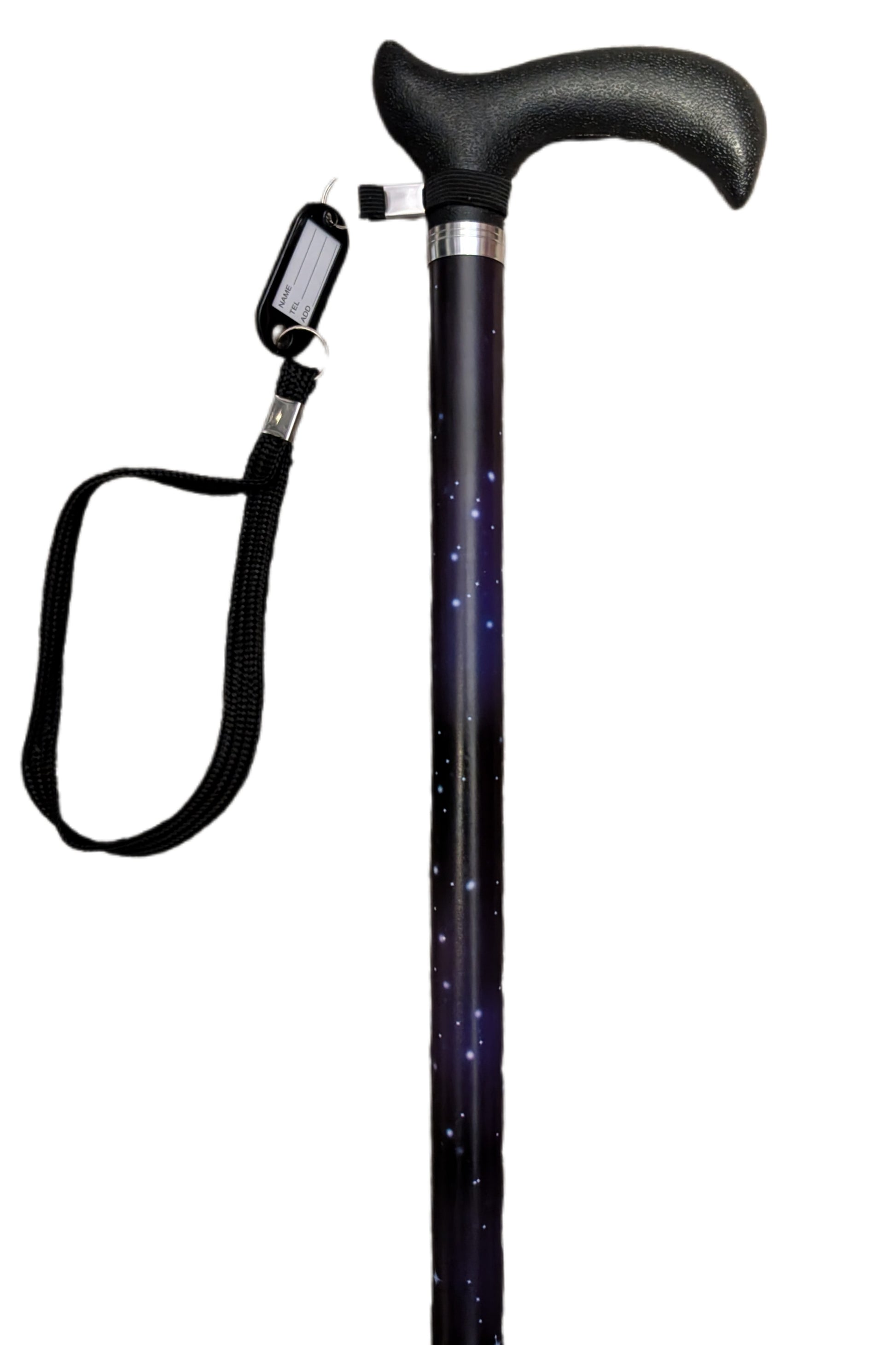 Black walking cane with a wrist strap on a white background