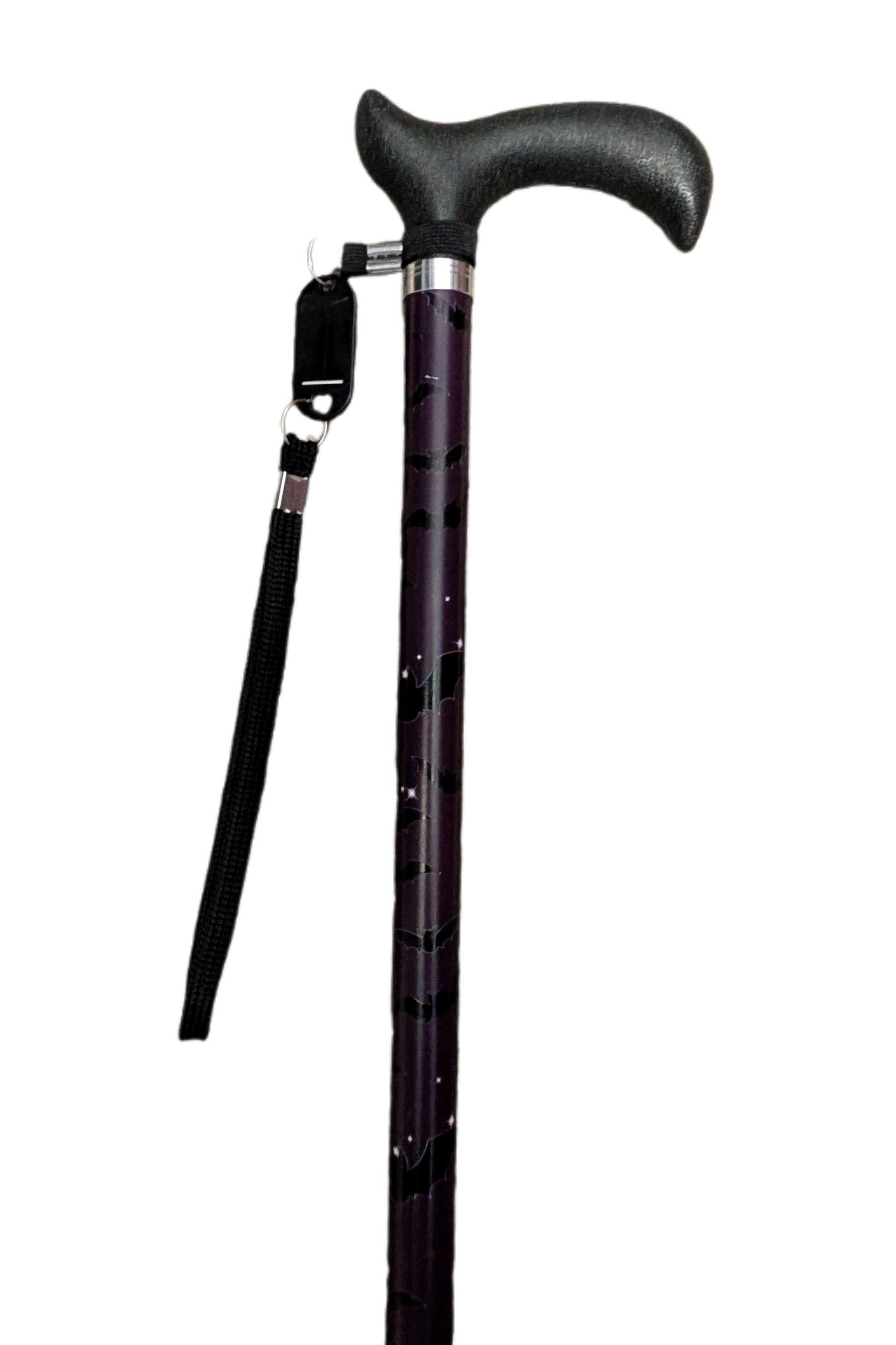 Black walking cane with adjustable arm strap on a white background