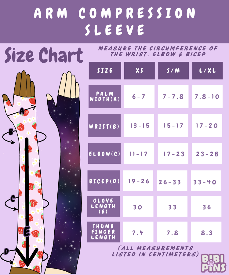 An arm compression sleeve size chart poster by Bibipins, featuring a purple background with a measurement table for sizes XS, S/M, and L/XL, alongside illustrated arm diagrams showing how to measure the wrist, elbow, and bicep.