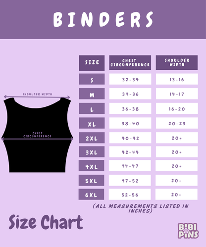 Size chart for binders with measurements on a purple background