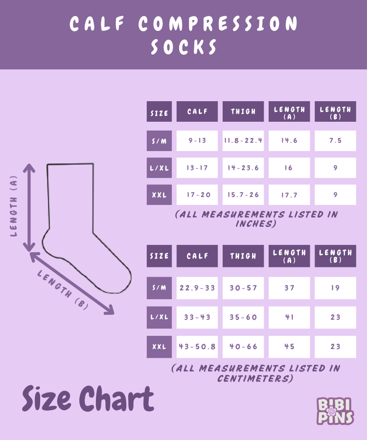 Size chart for calf compression socks on a purple background