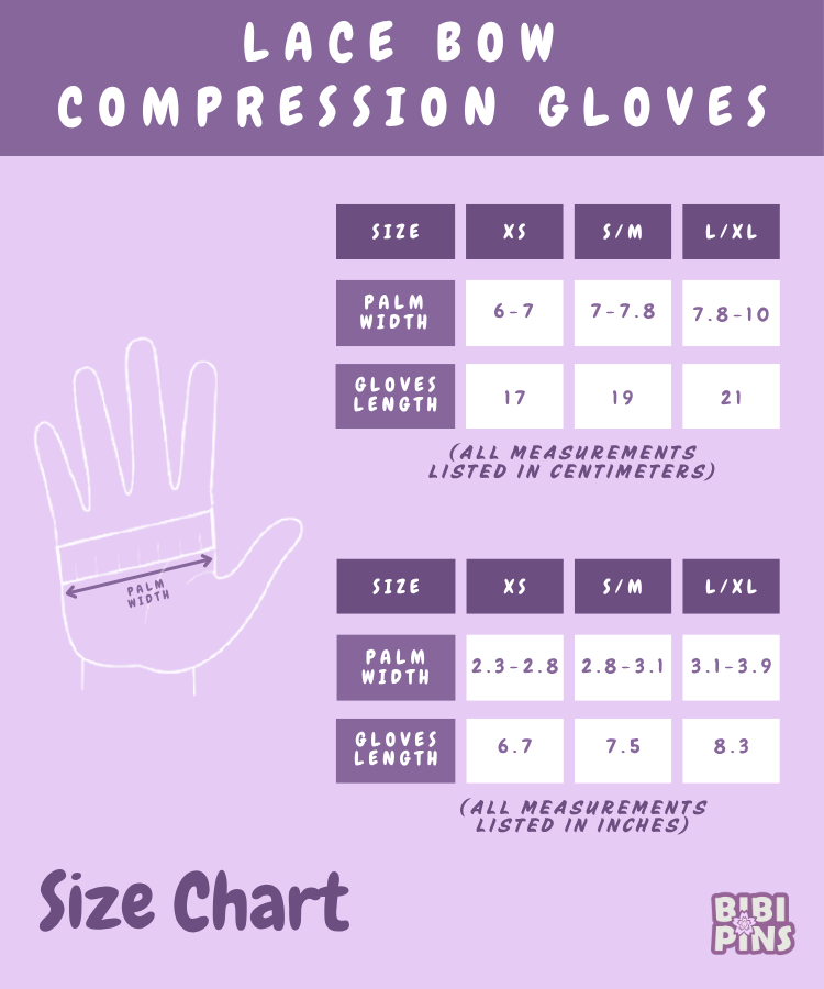 Size chart for lace bow compression gloves on a purple background