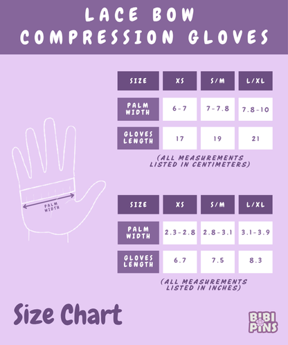 Size chart for lace bow compression gloves on a purple background