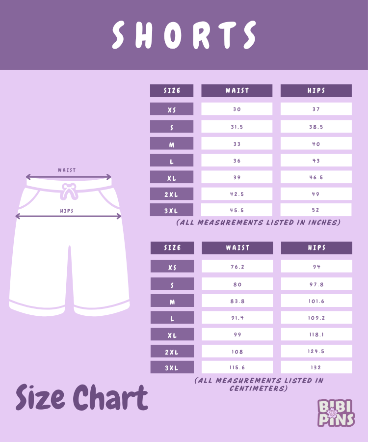 Size chart for shorts on a purple background with 'Bibi Pins' branding.
