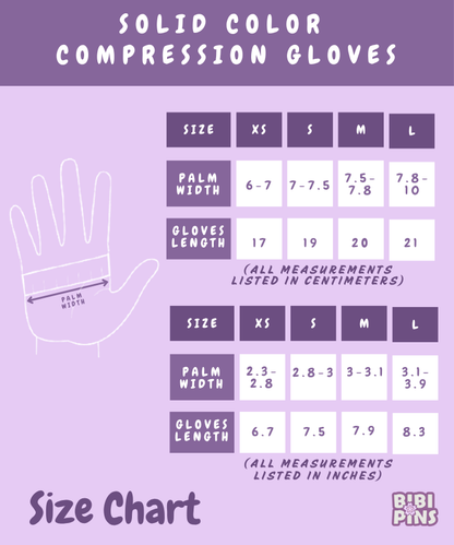 Size chart for solid color compression gloves with measurements on a purple background