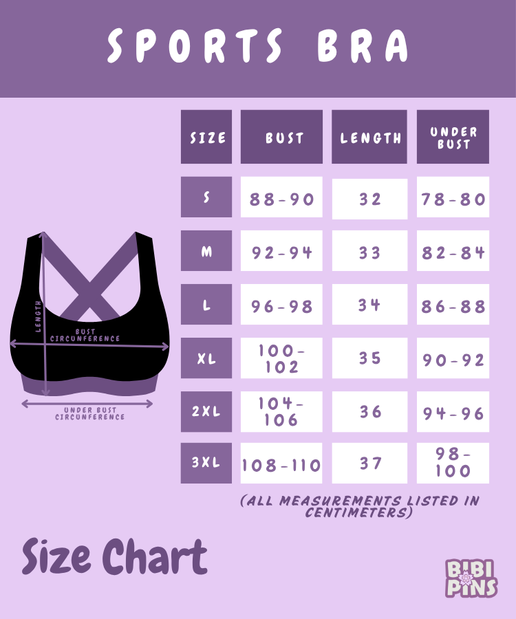 Sports bra size chart with measurements on a purple background