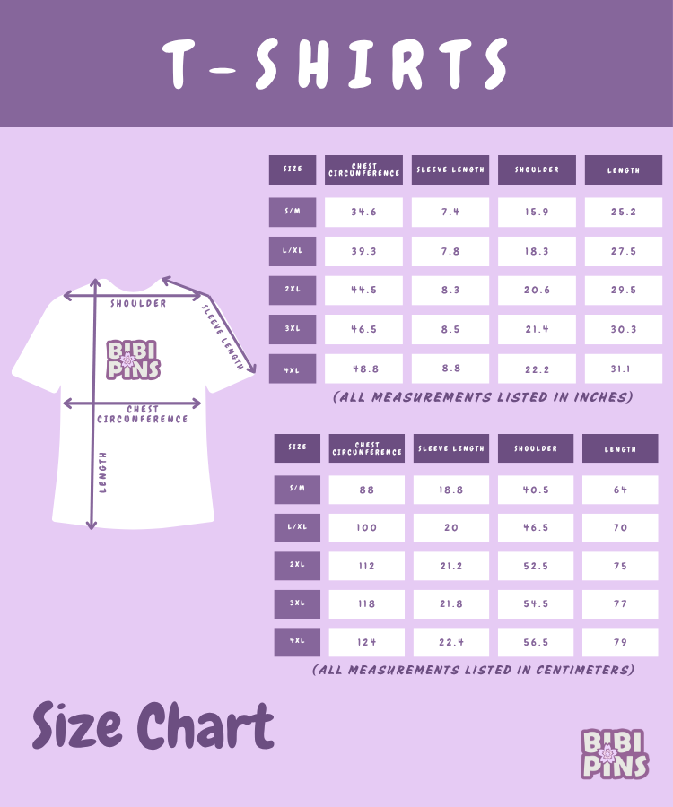 T-shirt size chart with measurements on a purple background, featuring the Bibi Pins brand.