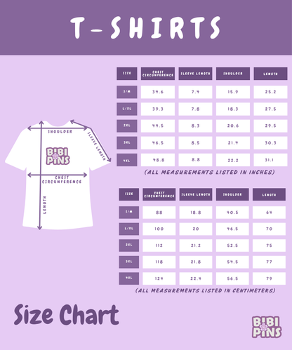 T-shirt size chart with measurements on a purple background, featuring the Bibi Pins brand.