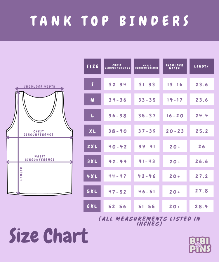 Size chart for tank top binders with measurements on a purple background